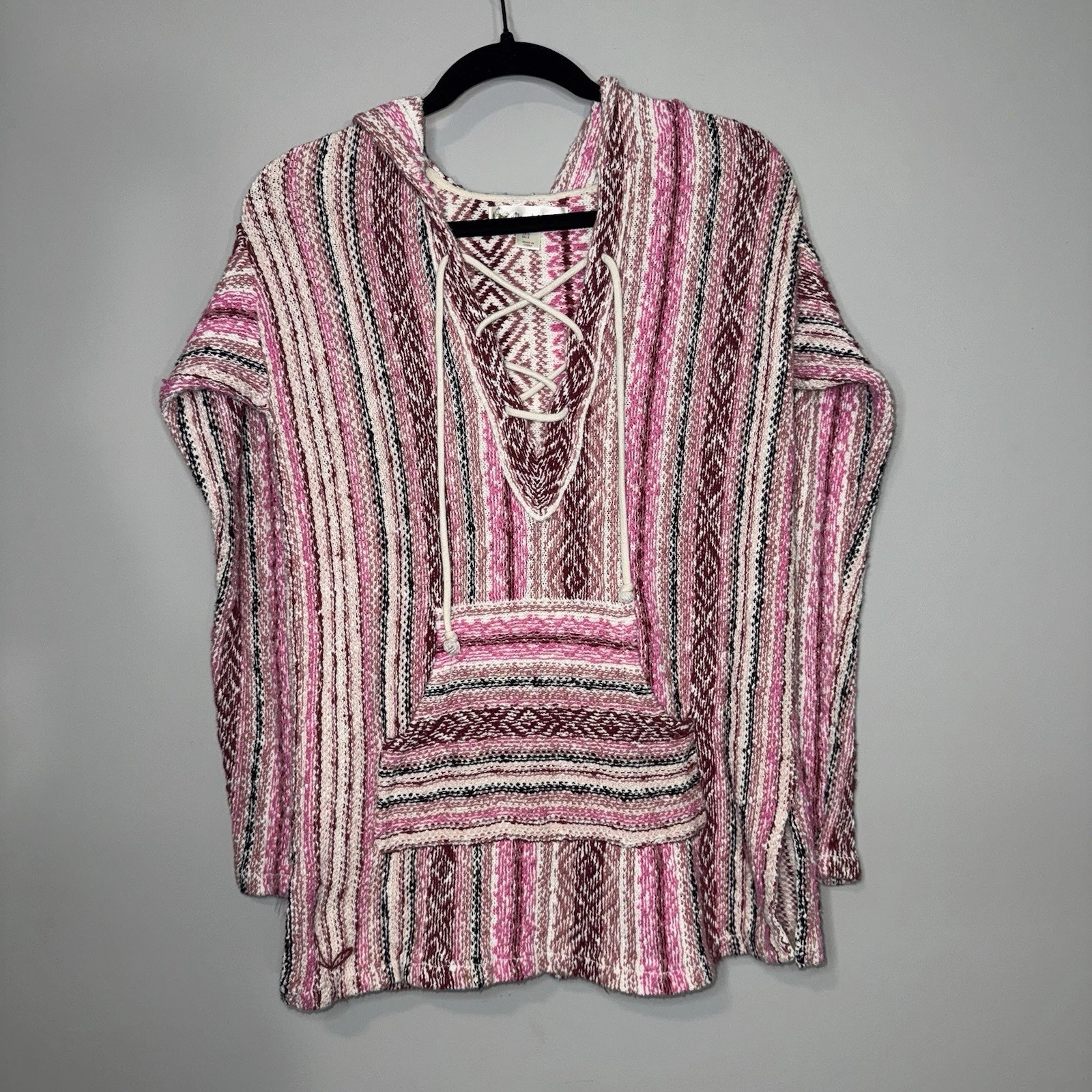 Kaisely Pink Striped Baja Hoodie Women Small Lace Up Woven Boho Pullover Sweater