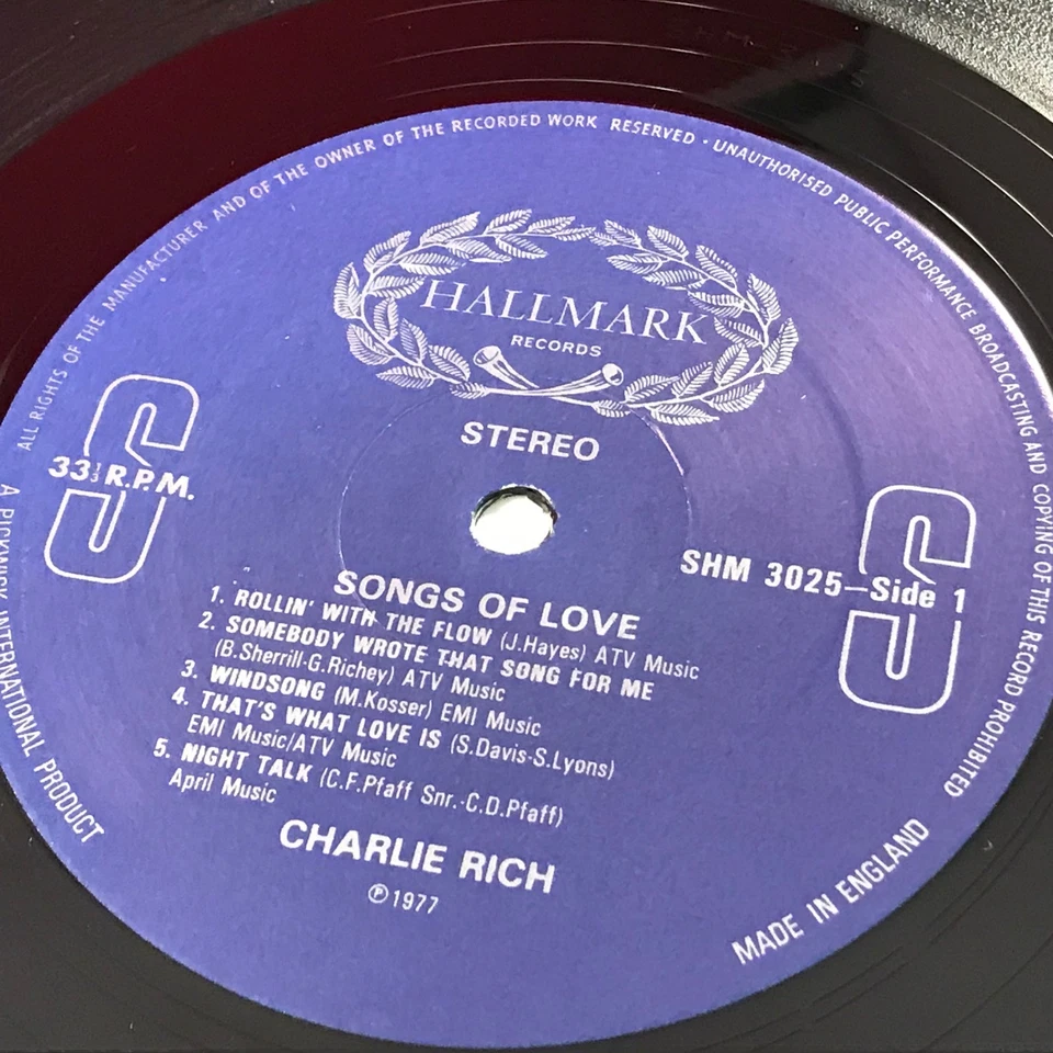 CHARLIE RICH Songs Of Love 1977 UK vinyl LP Rollin' With The Flow Windsong - Image 3 of 3