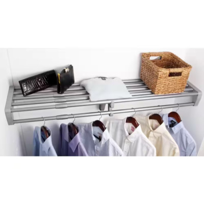 Adjustable Closet Shelf Hanger Rod ONLY 40-73 in W. Expandable Metal Sliver Gray