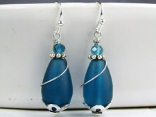 Teal Blue Sea Glass Teardrop, Silver Ladies Dangle Earrings, Beach Fashion