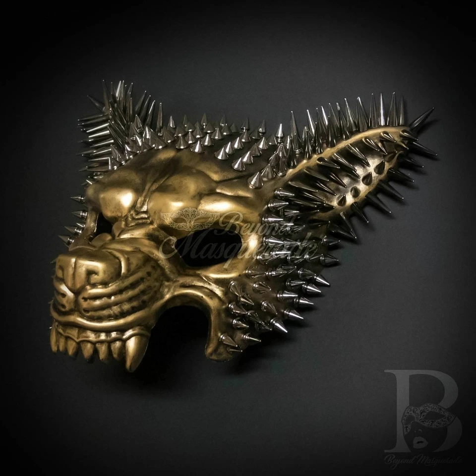 Máscara de Lobo Steampunk | Máscara de Mascarada de Animales Bestia con Picos Dorado M39587G Foto 4 de 4