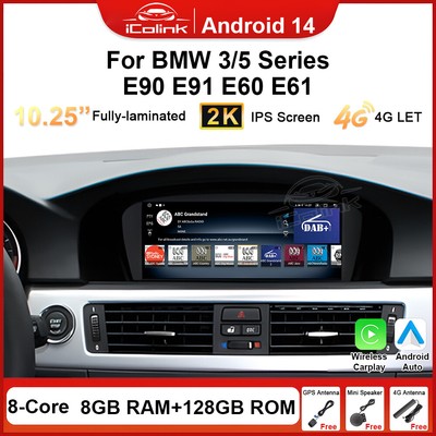 Android 14 Autoradio LTE 4G 8+128GB 8-Kern GPS Navi für BMW 3er E90 5er E60 CIC