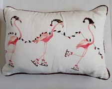PINK FLAMINGO Embroidered PILLOW 13" X 20" SANTA HAT and skating