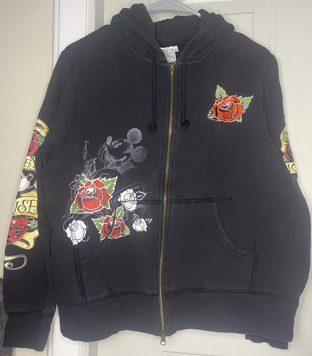 Disney Parks Mickey Mouse Rose Tattoo Black Full Zip Hoodie