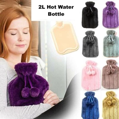 2L Large Natural Rubber Hot Water Bottle With Warm Faux Fur Knitted Fleece Cover