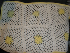 Handmade Crochet Yellow  White Doll or Baby Blanket 26"x18" EUC T55 