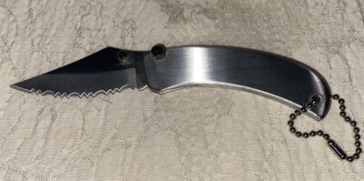 Pocket Knife Key Chain Folding 5  Serrated Silver Metal Fishing Camping Handy