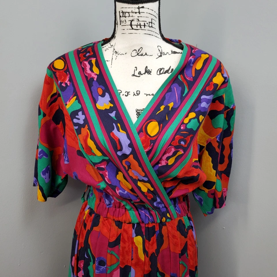 Vestido feminino vintage Together 8P multi arco-íris surplice pescoço ombreiras borradas - Imagem 3 de 4