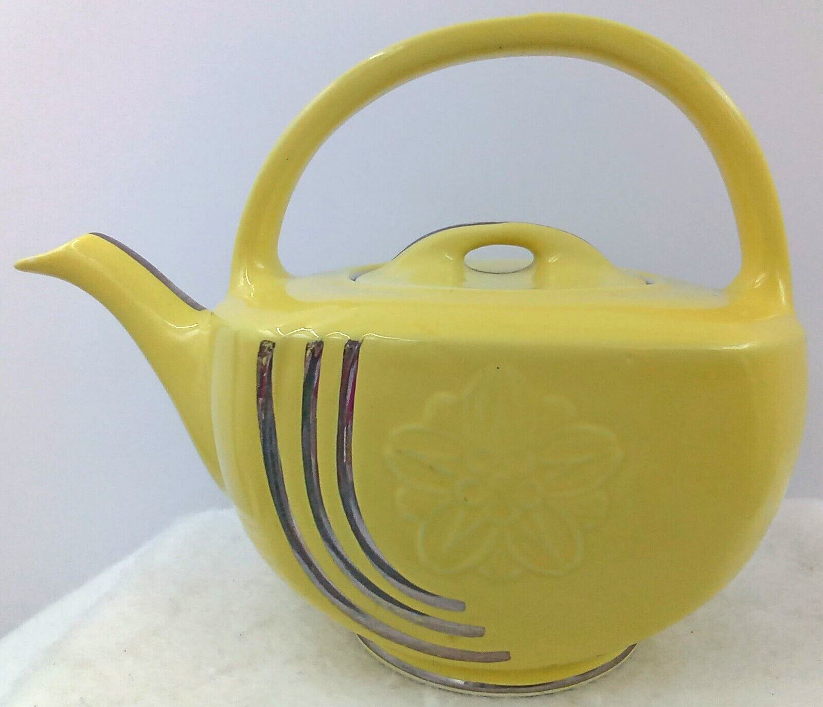 Vintage Hall Novelty Basket Teapot in Canary Yellow with Platinum Trim Deco 6C USA 0519P