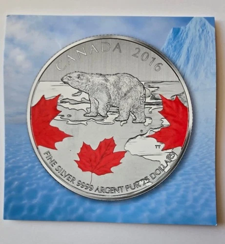 2016 Canada Polar Bear Color 25 Silver Dollar Coin Royal Canadian Mint