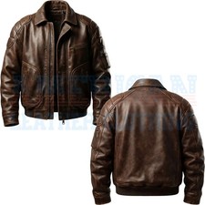 Men's Distressed Leather Aviator Jacket Vintage Brown Bomber Utility Pockets