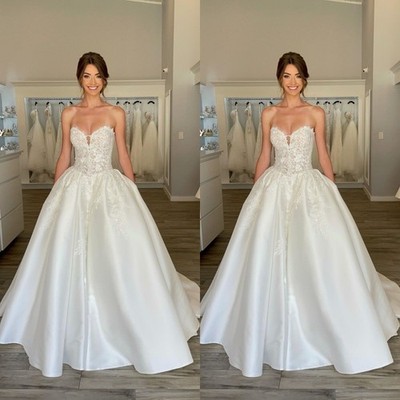 Sweetheart Wedding Dresses Satin A Line White Ivory Elegant Train Bridal Gowns