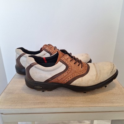 Ecco Goretex Croc Leather Golf Shoes White Brown Spikes Men's EU 45 US Size 11
