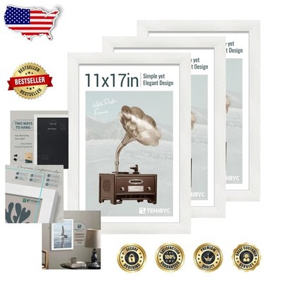 11x17 Picture Frames (3pk) - White Wood Grain, Tempered Glass, Spin-Lock