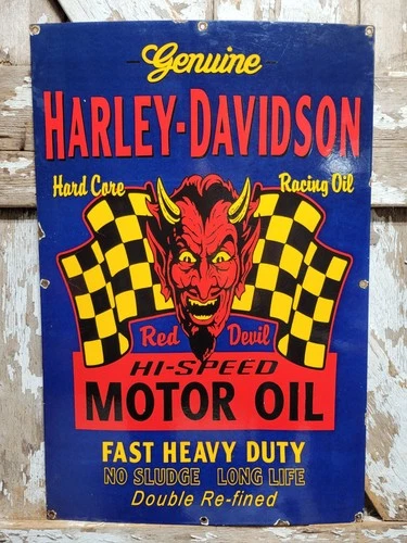 VINTAGE HARLEY DAVIDSON PORCELAIN SIGN OLD MOTORCYCLE RED DEVIL DEALER MOTOR OIL