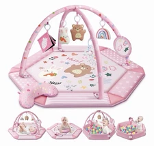 Baby Gym Play Mat, 8-in-1 Tummy Time Mat & Ball Pit with 6 Toys, Washable 