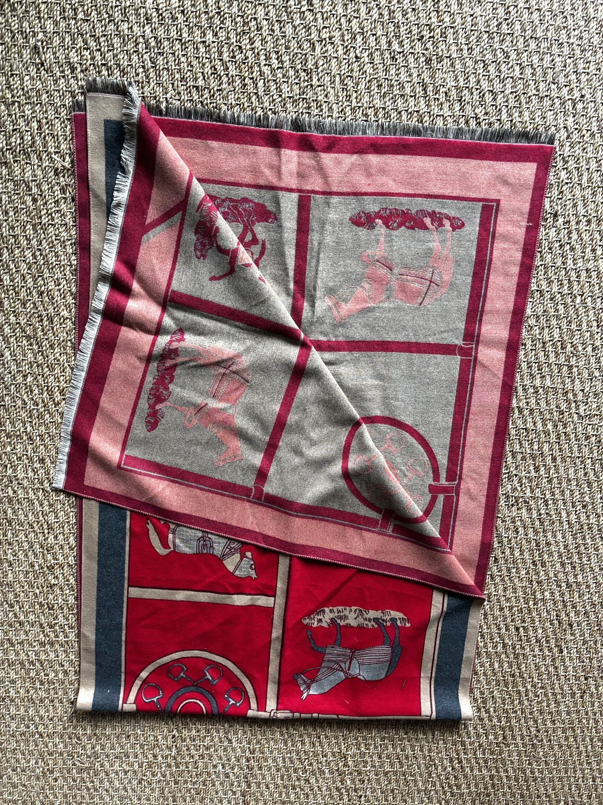 Elegant red patterned scarf featuring an equestri… - image 4