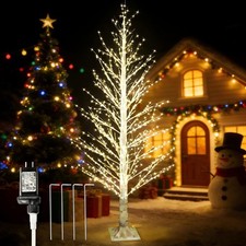 6FT White Lighted Birch Tree 1300Leds Warm White Lights, Xmas Twinkle Tree with