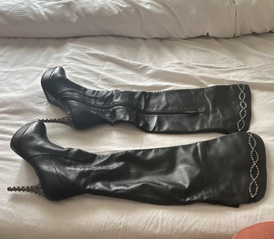 Roberta Di Camerino Damen Kniehochstiefel Leder Schwarz Stiletto Kette EU 37