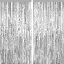 Silver Tinsel Backdrop Foil Fringe Curtains - 2 Packs Door Streamers Backdrop fo