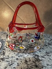 Vintage Murano Style Art Glass Basket Vase Millefiori Red Handle Hand Blown