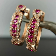 2Ct Round Cut Lab-Created Ruby Hoop Earrings Women's 14K Yellow Gold Plated