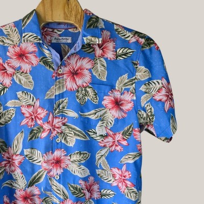Tommy Bahama Coconut Point Floral Hawaiian Shirt Mens XL Blue Hibiscus Coolmax