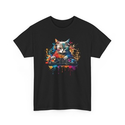 DJ Cat Shirt Rainbow Paint Splatter Graphic Headphones Music Party Tee Gift