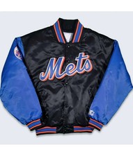 New York 90s Mets Black  Blue Satin Bomber Jacket Full-Snap Varsity FREE SHIP