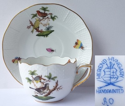 HEREND Porzellan Mokka Tasse + Untertasse Dekor Rotschild handbemalt N30