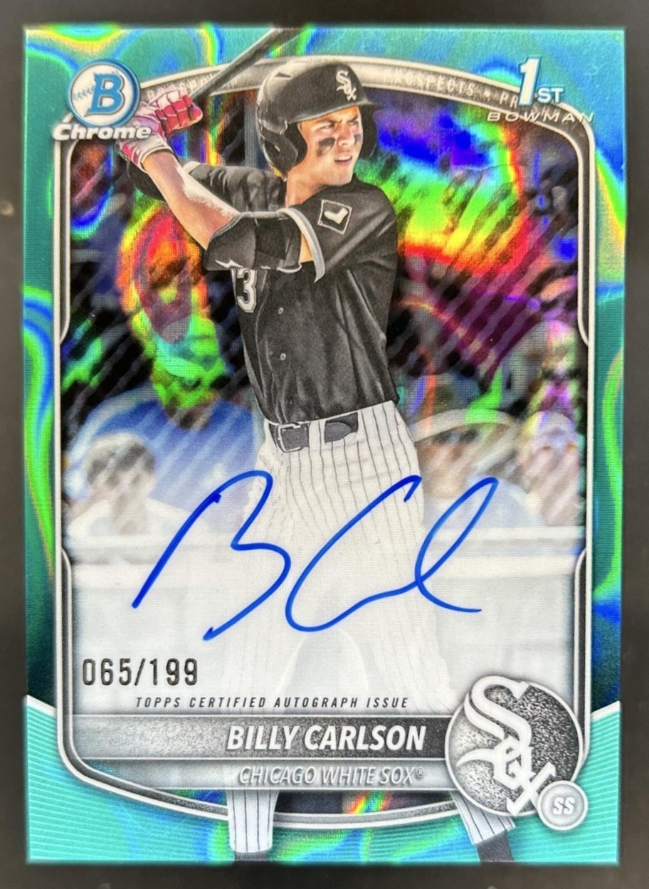 2025 Bowman Draft Billy Carlson Chrome Auto Aqua Lava Refractor 1st #/199