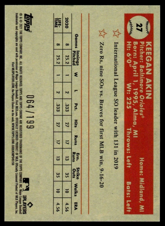 2021 Topps Chrome Platinum Anniversary BLUE DIAMOND Keegan Akin /199 Baltimore - Image 2 of 2