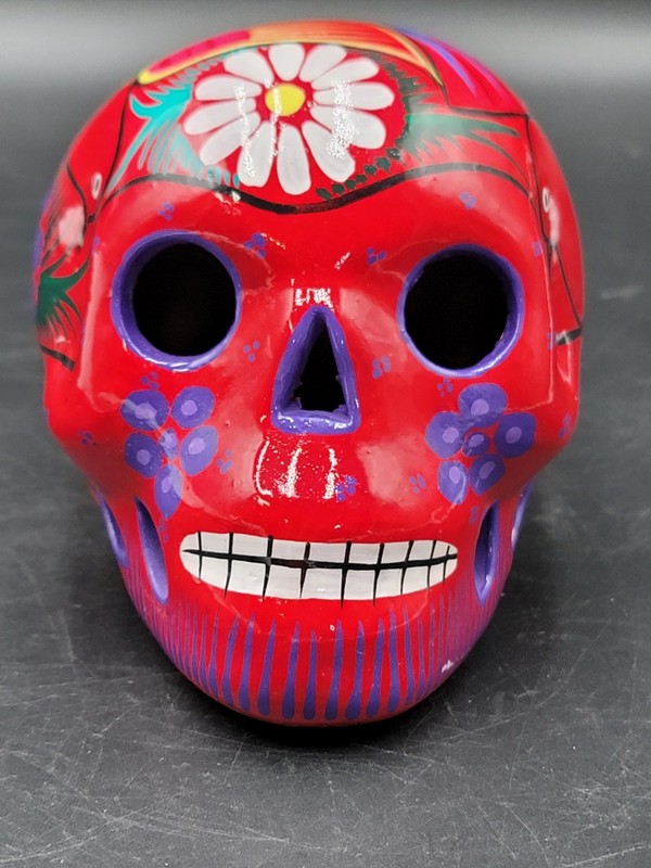 Hand Painted Pottery Dead Skull Head Red Clay, Red Painted Glazed