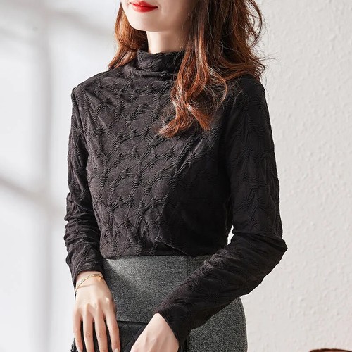 Lady Jacquard Mesh Lace Top Fit Undershirt Turtleneck Pullover Pleated Basic Top - Picture 1 of 20