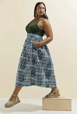NWT Anthropologie x SIKA A-Line Midi Skirt Tonal Print Blue Motif Size 16P $198