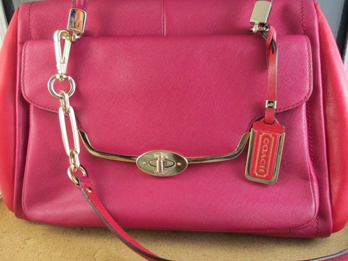Coach Fuchsia Pink/Red Leather Tote Dual Shoulder Strap Handbag Purse Hand Bag - Picture 2 of 18