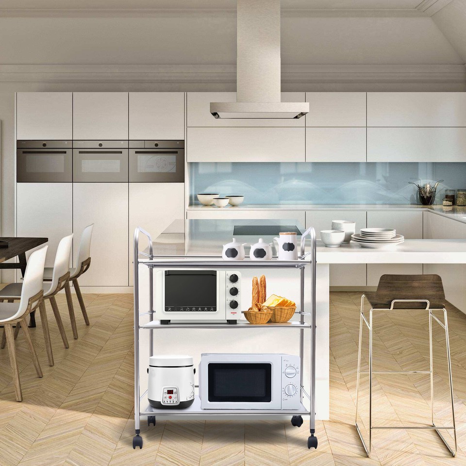 3Tier Stainless Steel?Kitchen Trolley Cart Microwave Oven Rack Utility