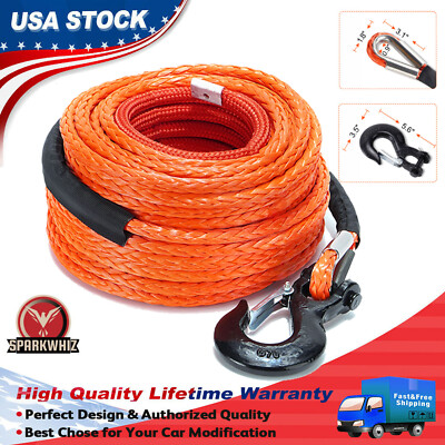 SPARKWHIZ 1/2''x100ft 32000lbs Synthetic Winch Line Rope Cable Kit For SUV UTV US