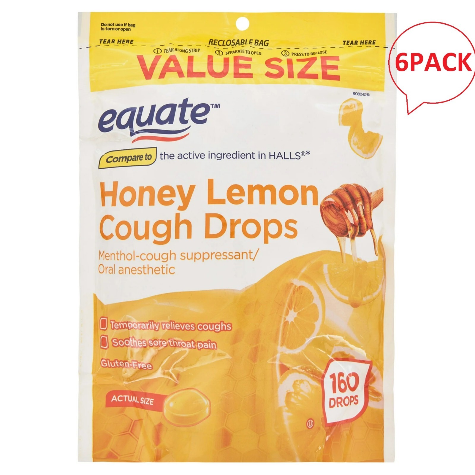 (6 pack) Equate Value Size Honey Lemon Cough Drops with Menthol, 160 Count