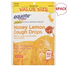 (6 pack) Equate Value Size Honey Lemon Cough Drops with Menthol, 160 Count