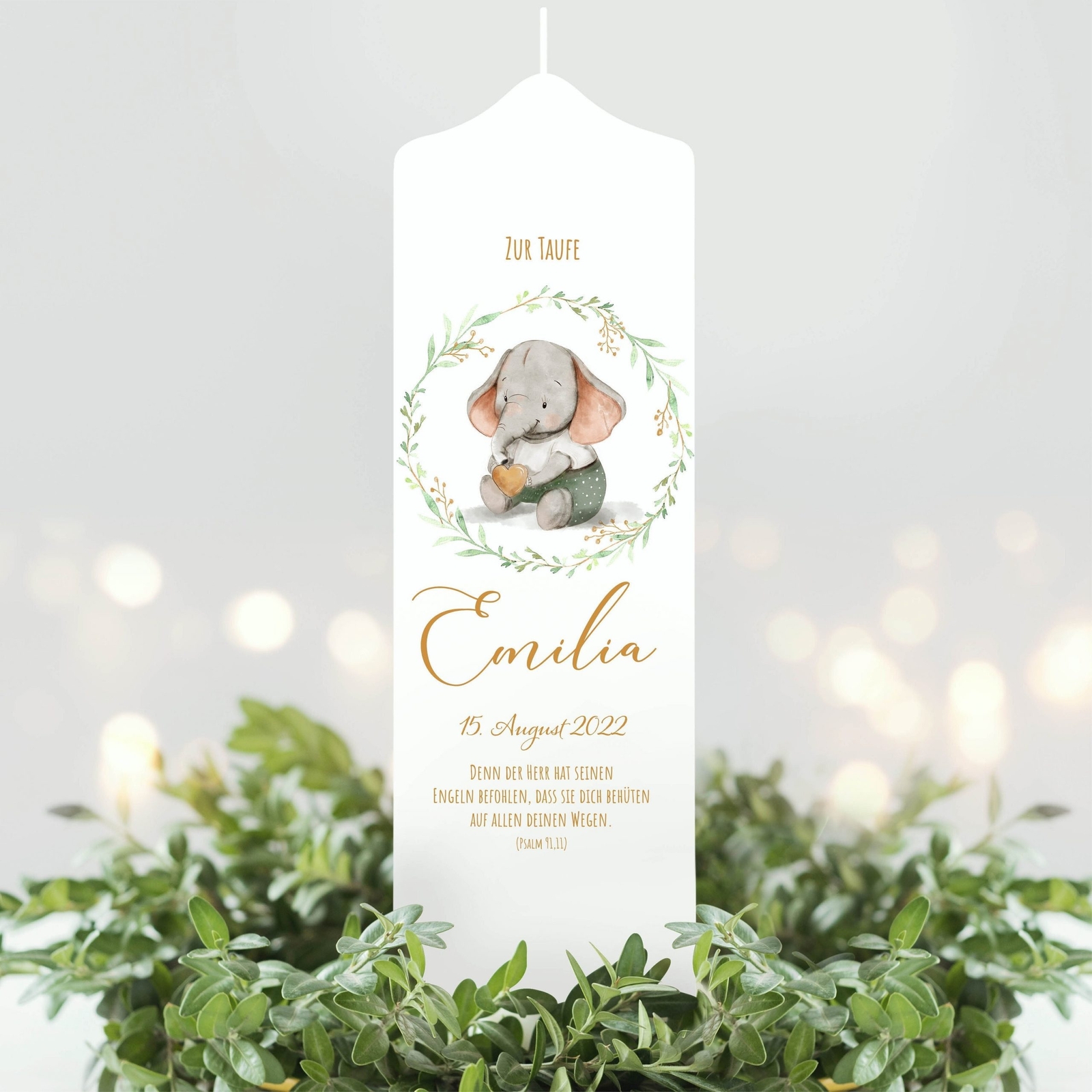 Taufkerze Junge/ Mädchen Elefant bedruckt mit Namen, Datum und auf Wunsch eig...