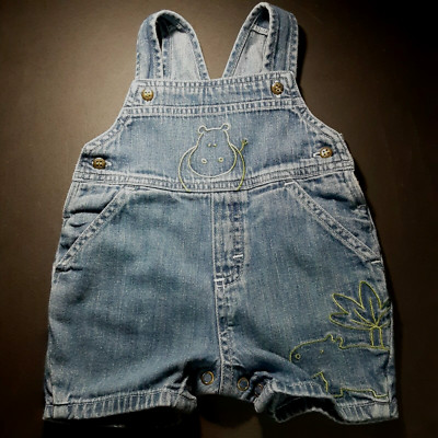 OSHKOSH Baby Denim Bib Short Overalls 0-3 months Hippo Embroidery Fits 5-12 lbs.