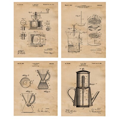 Classic Coffee Patent Prints, 4 (8x10) Art Decor Home Work Brew Java Office Shop