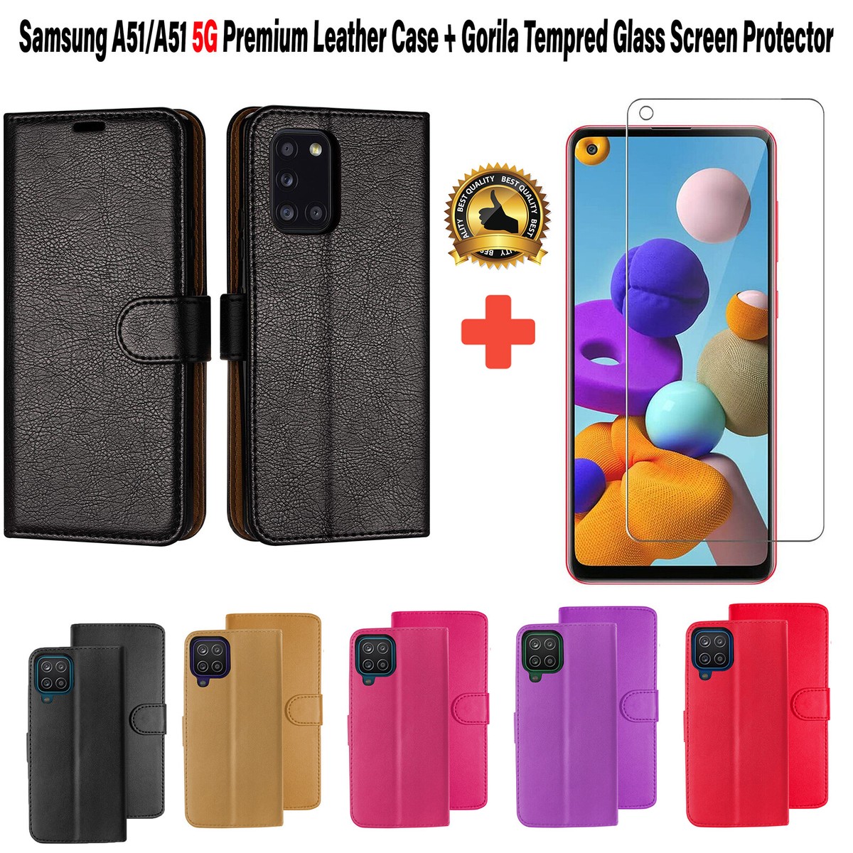 For Samsung Galaxy A51 Premium leather Case Tempered Glass