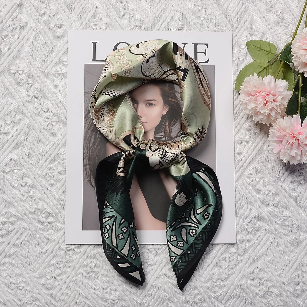 100% Silk Mulberry Women Neckerchief Wrap Drak Green Harness 26" Square Scarf
