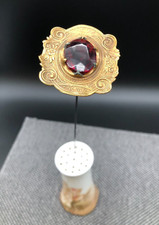 Antique Hatpin Deep Red Cut with Wide Brass Repousse Border, Art Noveau 12 inch