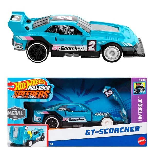 Hot Wheels Pull Back Speeders 1:43 GT-Scorcher HW Torque Opening hood - Picture 1 of 1