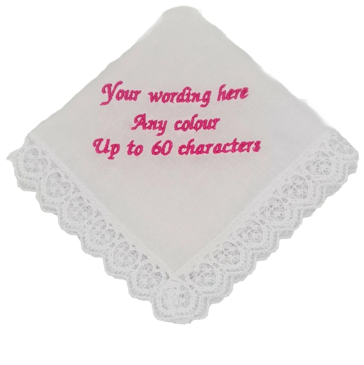 Lace Personalised Handkerchief Embroidered Wording 60 Characters 100 Cotton