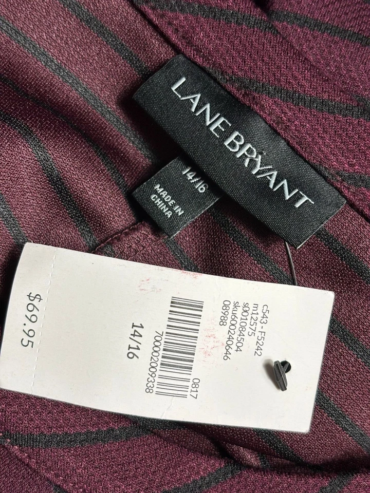 Vestido recto Lane Bryant para mujer 14/16 granate negro a rayas bolsillos manga 3/4 NUEVO Foto 3 de 4