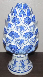 Blue and White Chinoiserie Artichoke Globe Finial Decor Statue 14"H Ceramic